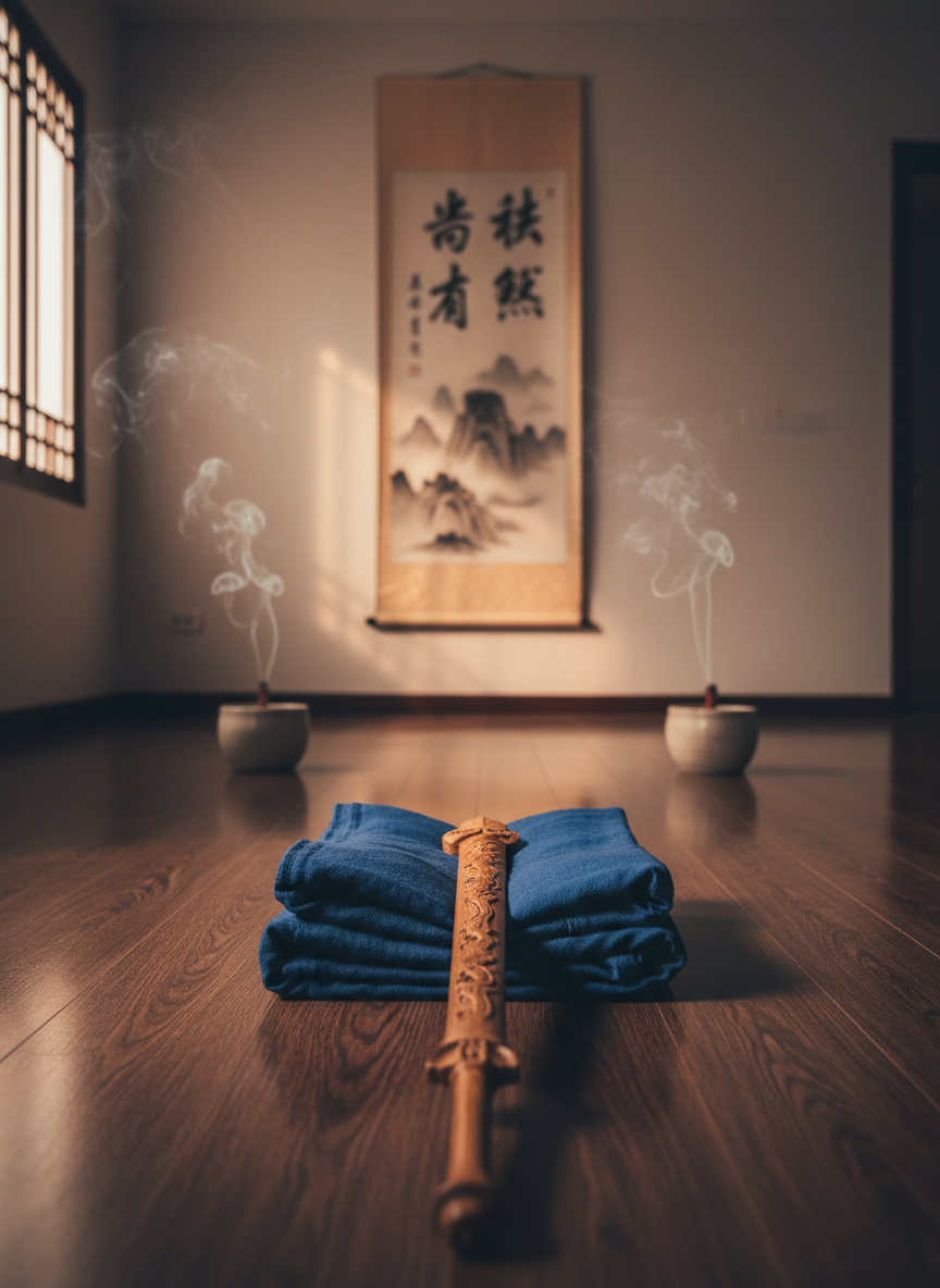 A meticulously arranged practice hall for Taoist Taiji and Qigong training, with smooth dark wooden flooring and a single, finely carved wooden sword resting on a folded deep-indigo cotton cloth at the center. Along the back wall, a vertical scroll with elegant black Chinese calligraphy and a subtle ink painting of Wudang mountains hangs between two simple clay incense bowls, thin smoke rising in graceful curves. Soft early-morning light enters through unseen paper windows, creating long, gentle shadows and warm highlights on the wood grain. Photographic realism, eye-level composition with a slightly wide angle, sharp focus on the central sword and cloth, background softly blurred to evoke a refined, contemplative, and disciplined atmosphere befitting an advanced internal arts academy.