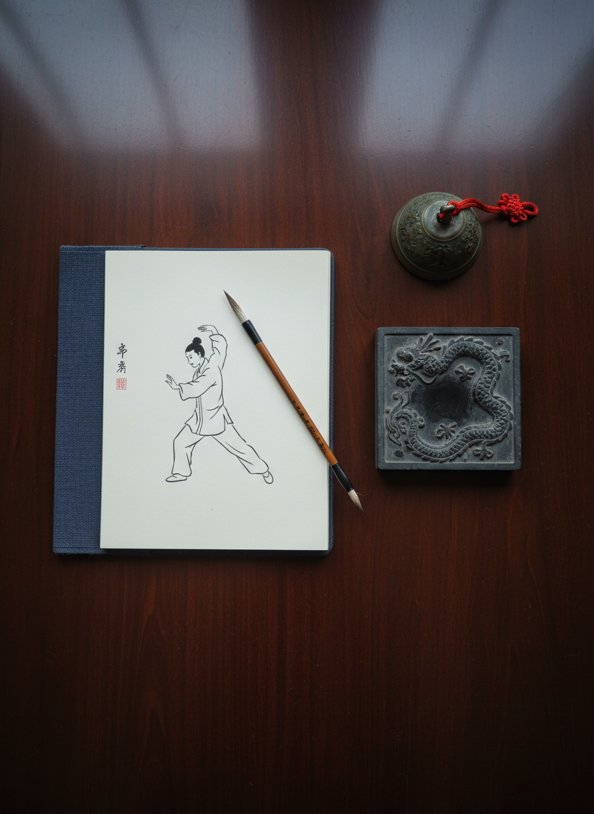 An elegant still life of traditional Taiji and Qigong study tools arranged on a dark, polished wooden table: a hand-brushed practice journal open to blank cream pages, an inkstone with a finely carved dragon motif, a slender wolf-hair calligraphy brush resting diagonally, and a small, round bronze bell with a worn patina. A minimalist line drawing of a practitioner in a Taiji posture is visible on the previous page, partially in frame. Cool, overcast window light from the left creates soft, even illumination with delicate reflections on the table surface. Photographic realism, top-down perspective with balanced composition and ample negative space, evoking intellectual rigor, quiet focus, and the refined aesthetics of a serious Taoist training curriculum.