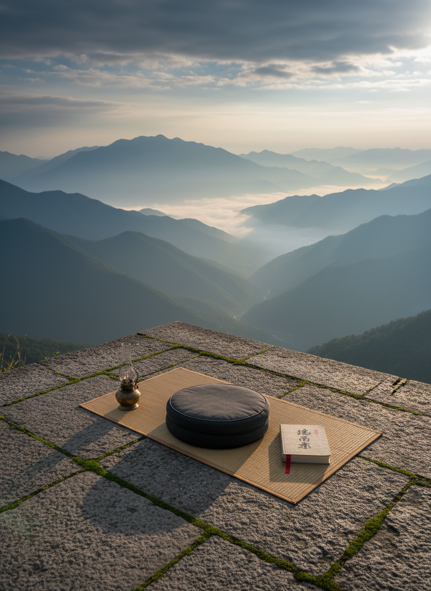 A serene mountain meditation platform inspired by Wudang temples, constructed from aged stone tiles with moss softly tracing the joints, overlooking layered blue-grey mountain silhouettes fading into mist. At the center sits a neatly folded dark-gray meditation cushion atop a simple woven mat, beside a small, unlit bronze oil lamp and a closed, linen-bound Taoist classic with a red silk bookmark. Golden hour sunlight filters through low clouds, casting a warm, diffused glow and subtle rim light along the cushion’s edges. Photographic realism, shot from a low, three-quarter angle that leads the eye outward toward the distant peaks, creating depth. The mood is austere, elevated, and quietly powerful, conveying the demanding yet serene path of long-term Taiji and Qigong study.