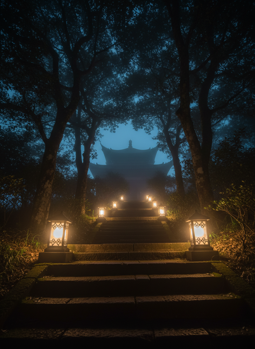 An atmospheric night-time view of a secluded mountain temple path leading to intensive training quarters: a series of worn stone steps ascending between dark, densely foliaged trees, their forms barely defined. Along the path, a row of simple stone lanterns with frosted glass panels emit a soft, warm glow, creating pools of light that overlap and recede into darkness. At the top, out of focus, the silhouette of a traditional tiled roof hints at a hidden training hall. Photographic realism with long exposure feel, cool ambient tones contrasted with warm lantern light, captured from a low angle looking up the steps. Gentle mist softens distant details. The mood is mysterious, demanding, and aspirational, symbolizing the long-term commitment required for in-depth Taiji and Qigong study.
