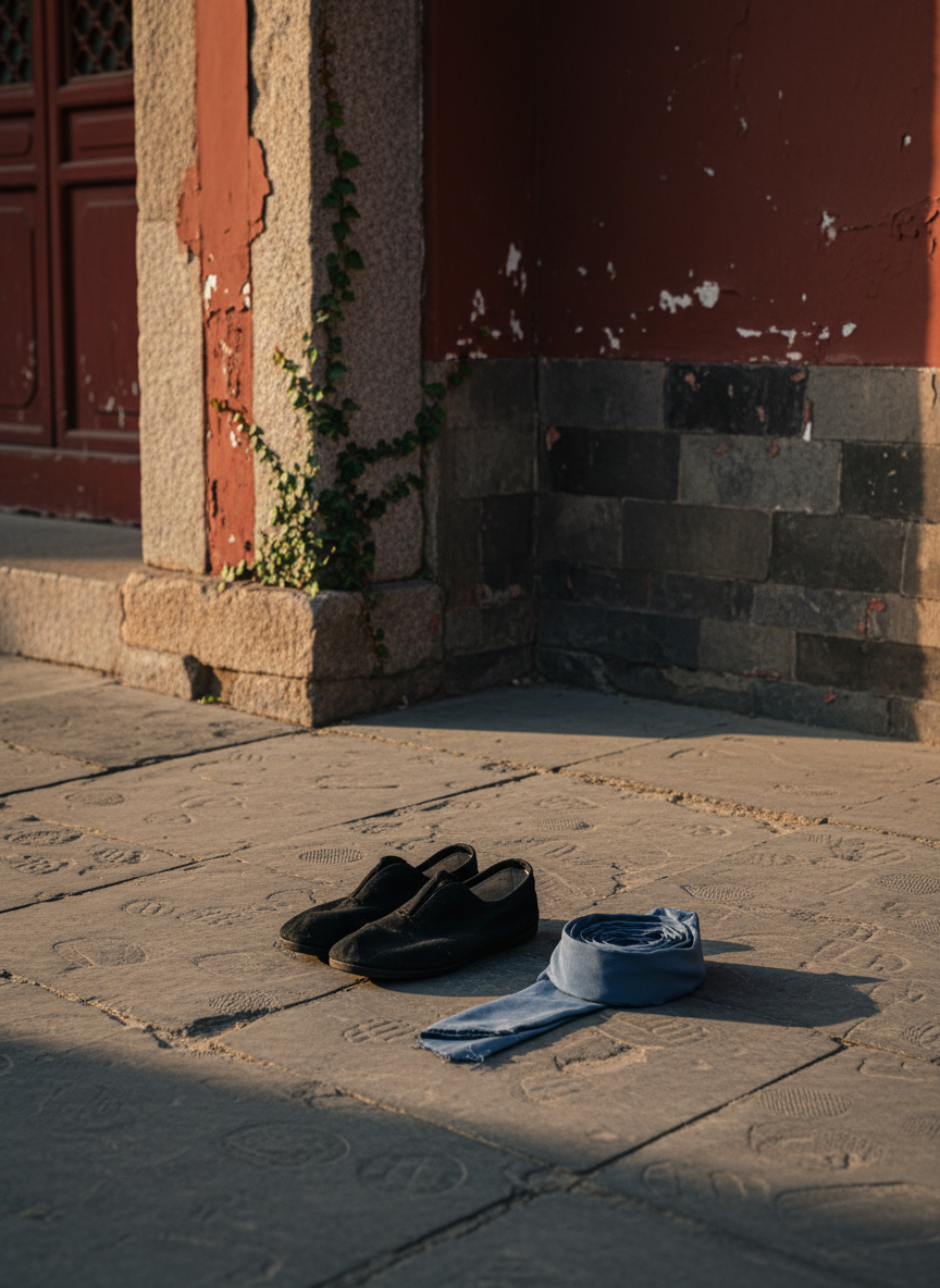 A close-up, cinematic view of a traditional Wudang courtyard corner without people, focusing on the textures that embody decades of disciplined practice: weathered gray flagstones, a section of red temple wall with peeling lacquer revealing darker layers beneath, and the base of an ancient stone pillar lightly wrapped in creeping ivy. A neatly placed pair of simple black cotton practice shoes rests beside a folded, slate-blue sash on the ground, suggesting readiness for intense Taiji and Qigong training. Late-afternoon light slants across the scene, producing dramatic side lighting and elongated shadows that emphasize texture. Photographic realism, shallow depth of field with the shoes and sash in tack-sharp focus and background elements gently softened, creating a sophisticated, contemplative, slightly ascetic mood.