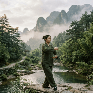 Woman performing Tai Chi by a river with mist-covered mountainous forest backdrop