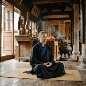 Man meditating cross-legged on mat inside traditional temple setting