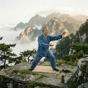 Elderly man performing Tai Chi on a mountain rock surrounded by mist and pine trees
