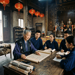 Elderly woman instructing calligraphy on scrolls to young students in traditional temple setting