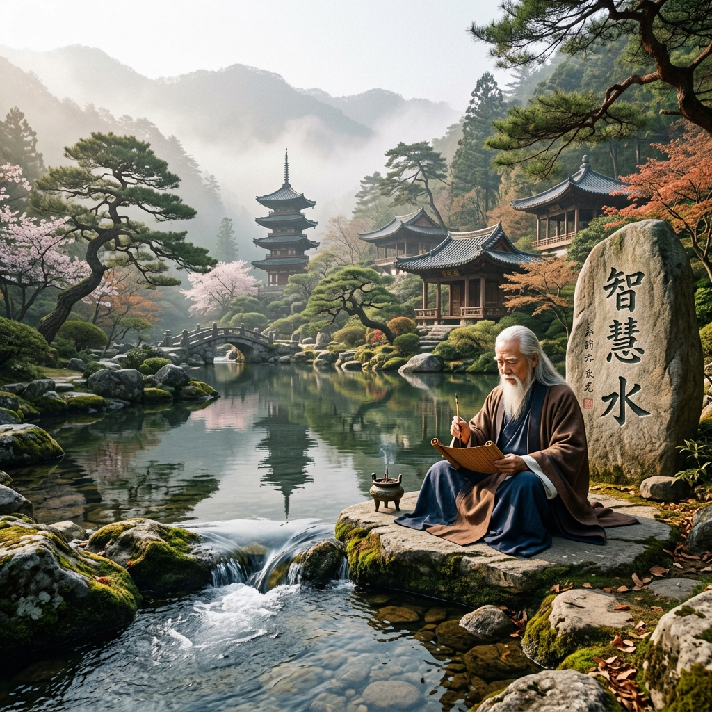 Elderly man writing on scroll by pond in traditional Japanese garden