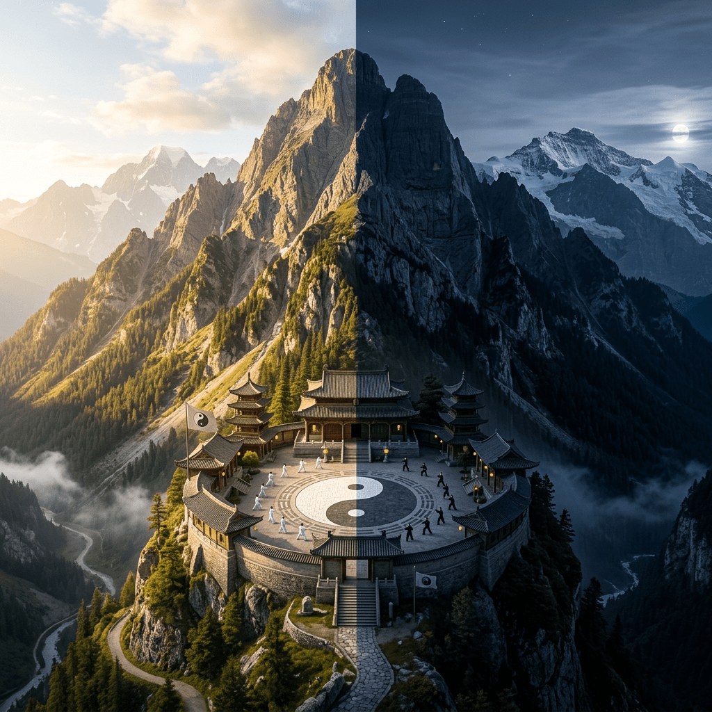 Mountain temple courtyard with yin-yang symbol and martial artists at day and night