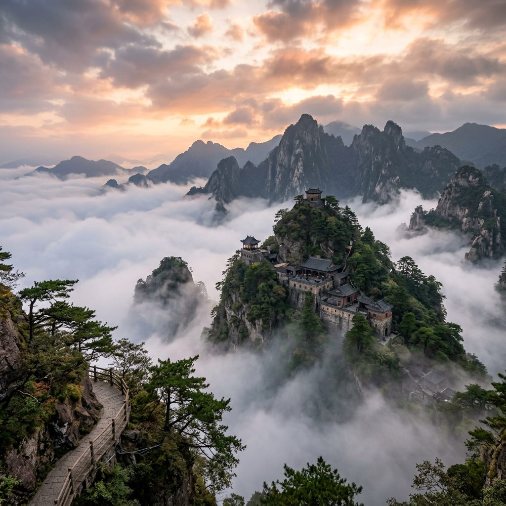 Ancient temple complex on a mist-covered mountain peak with sunrise sky