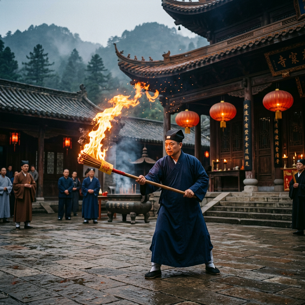 Taoist priest holding a flaming torch in temple courtyard during ritual