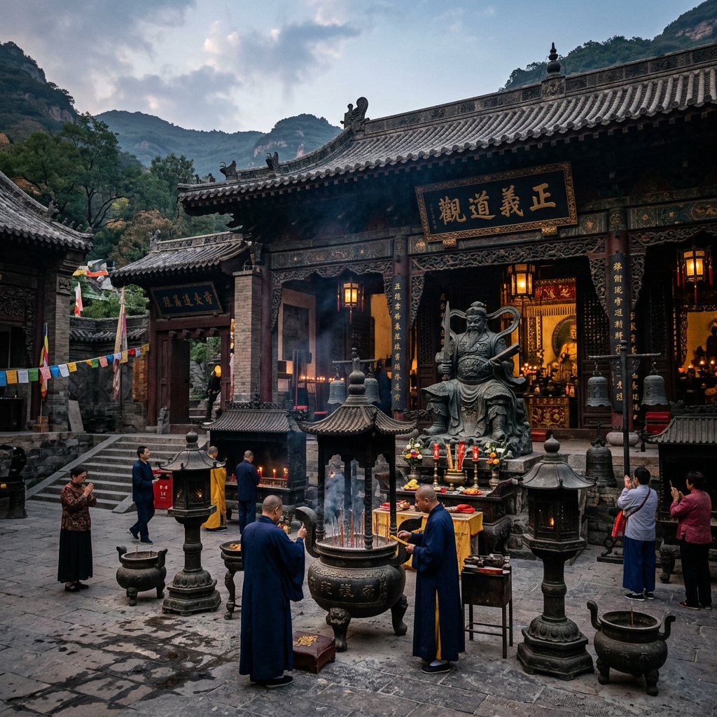 People lighting incense sticks and praying at a Chinese temple courtyard with statues and lanterns