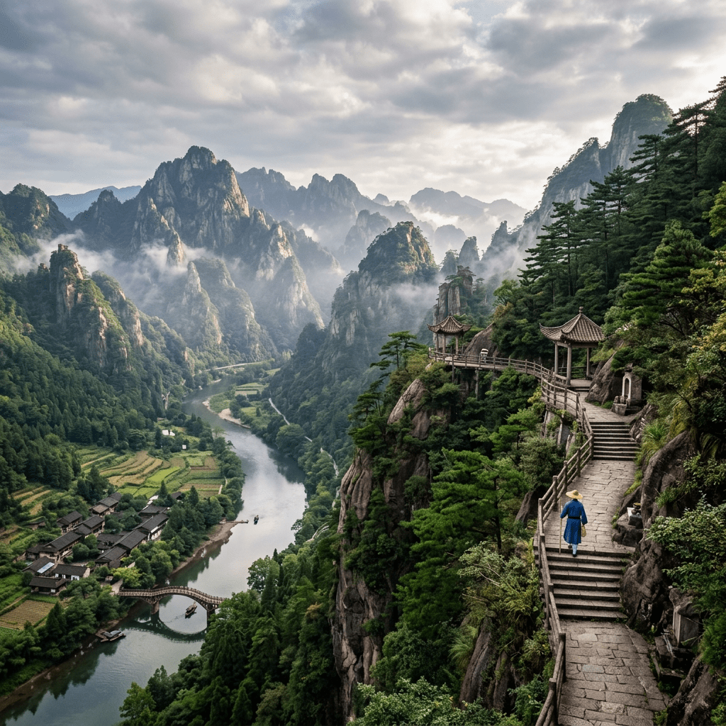 Mountain path overlooking river valley with person walking, pagodas, and misty peaks