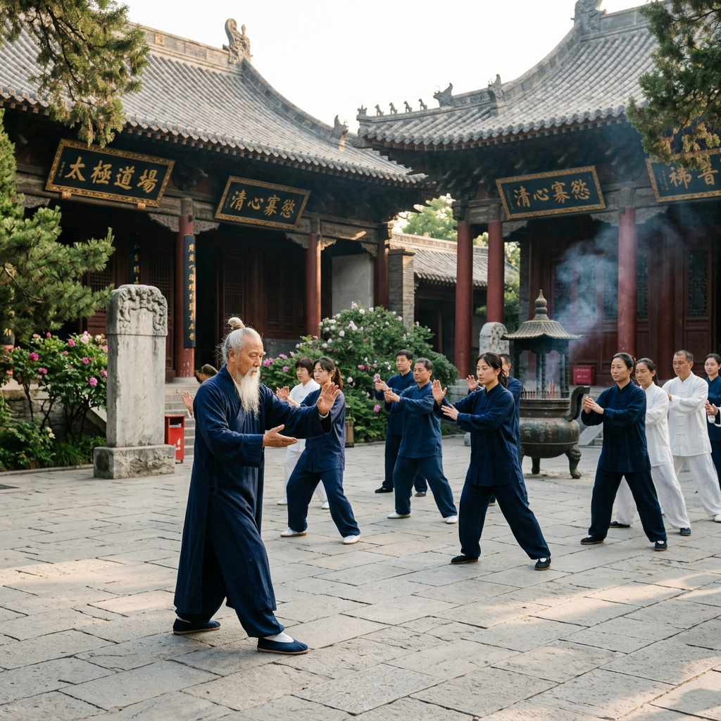 Group practicing Tai Chi with an instructor in a traditional Chinese courtyard